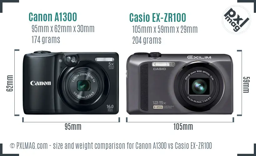 Canon A1300 vs Casio EX-ZR100 size comparison