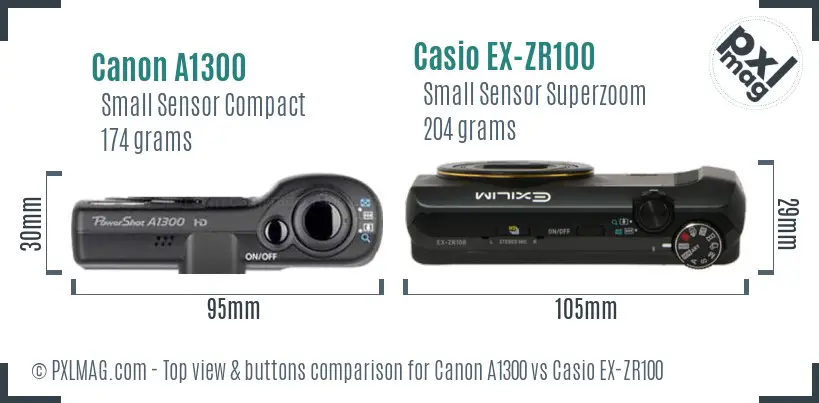 Canon A1300 vs Casio EX-ZR100 top view buttons comparison