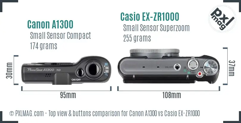 Canon A1300 vs Casio EX-ZR1000 top view buttons comparison Canon A1300 vs Casio EX-ZR1000 top view buttons comparison