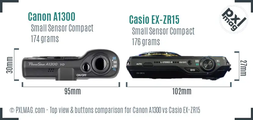 Canon A1300 vs Casio EX-ZR15 top view buttons comparison
