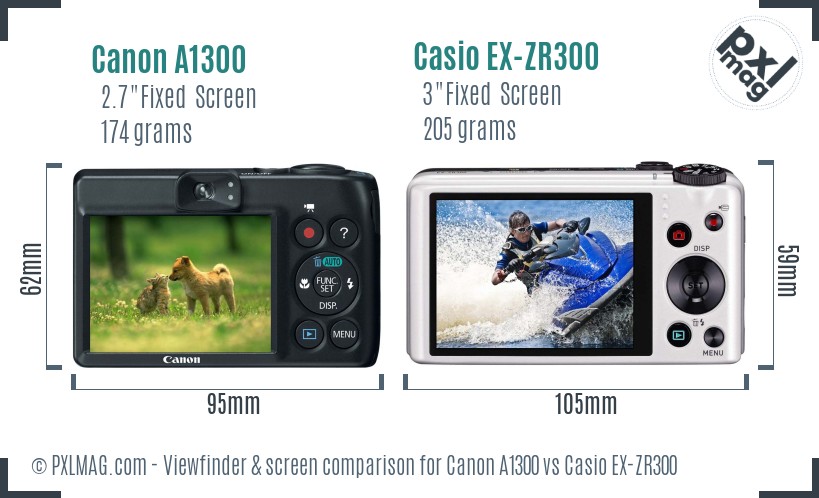 Canon A1300 vs Casio EX-ZR300 Screen and Viewfinder comparison