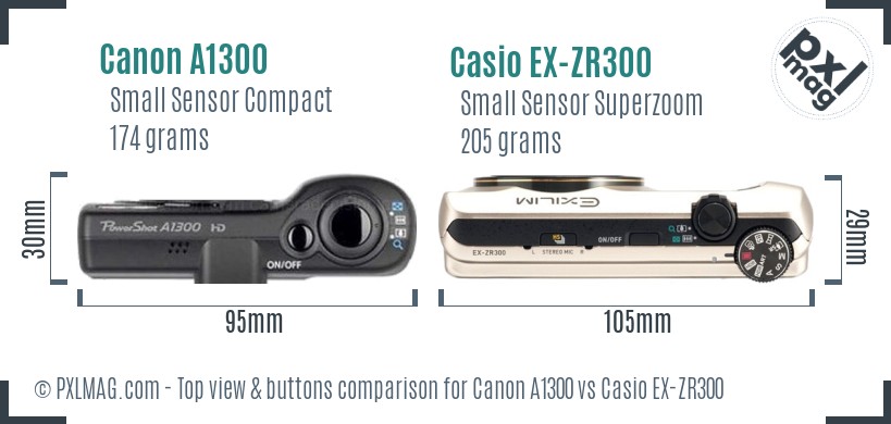 Canon A1300 vs Casio EX-ZR300 top view buttons comparison
