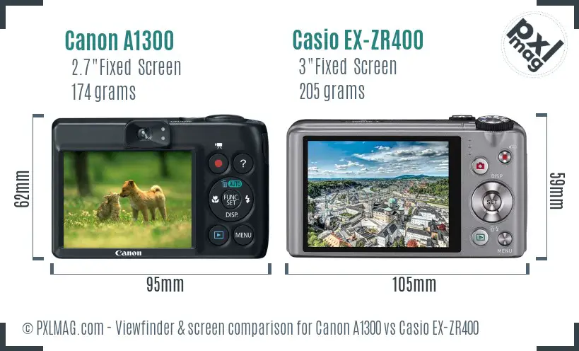Canon A1300 vs Casio EX-ZR400 Screen and Viewfinder comparison