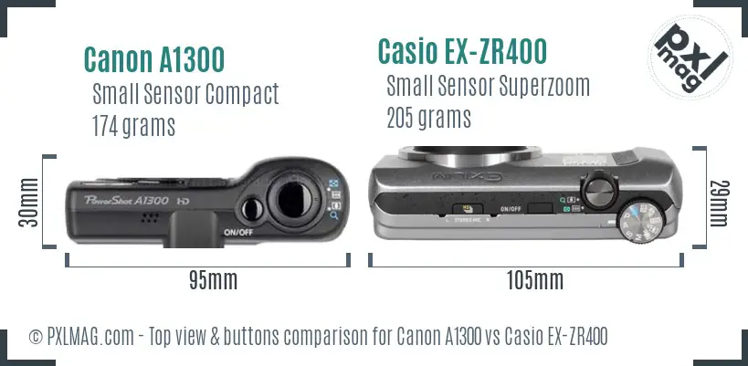 Canon A1300 vs Casio EX-ZR400 top view buttons comparison