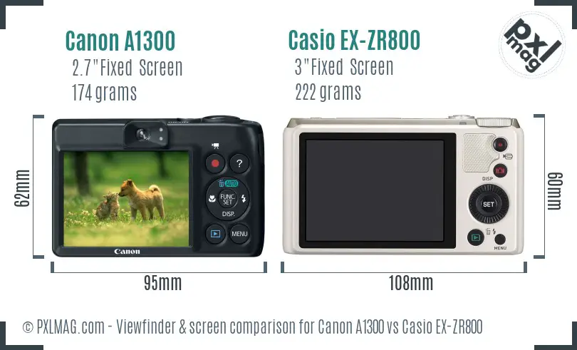 Canon A1300 vs Casio EX-ZR800 Screen and Viewfinder comparison