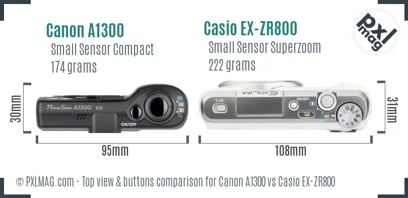 Canon A1300 vs Casio EX-ZR800 top view buttons comparison