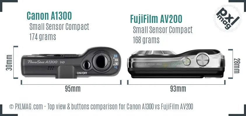 Canon A1300 vs FujiFilm AV200 top view buttons comparison