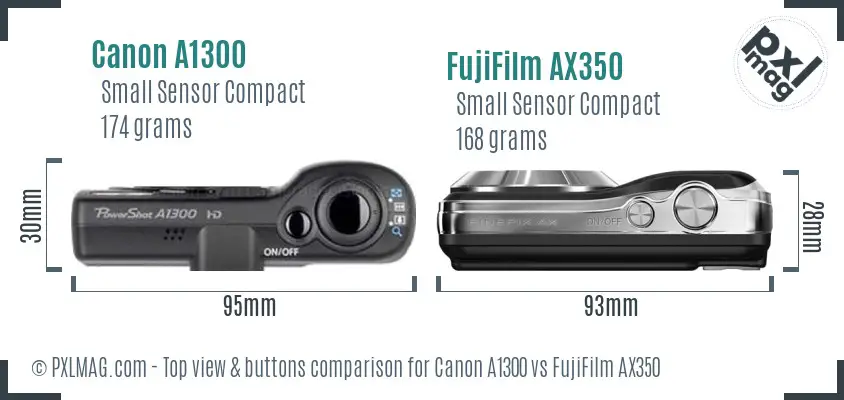 Canon A1300 vs FujiFilm AX350 top view buttons comparison Canon A1300 vs FujiFilm AX350 top view buttons comparison