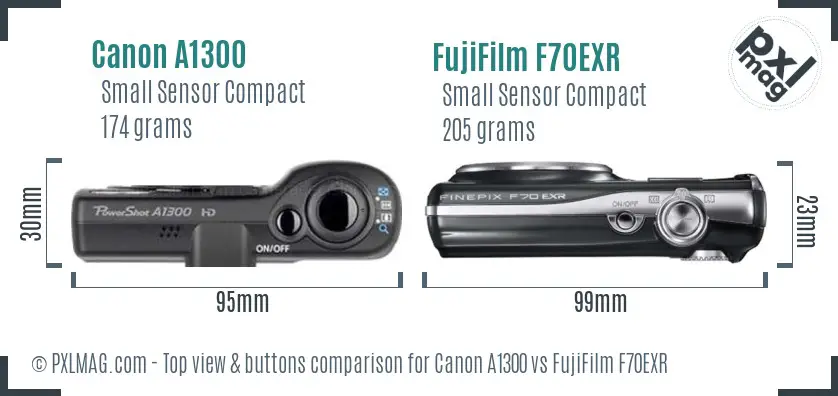 Canon A1300 vs FujiFilm F70EXR top view buttons comparison