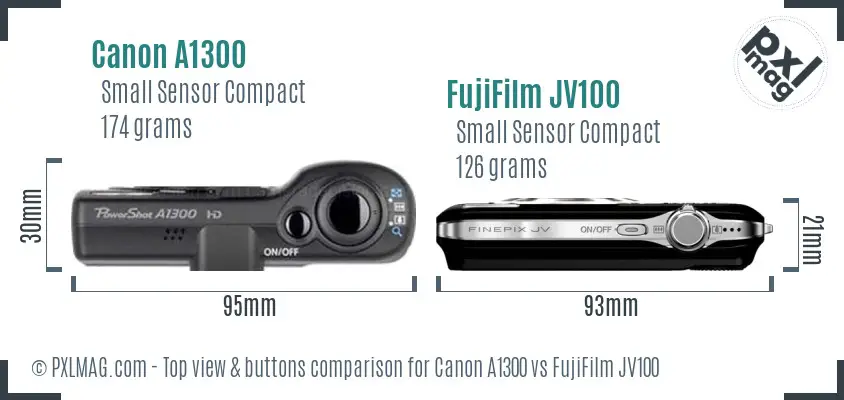 Canon A1300 vs FujiFilm JV100 top view buttons comparison