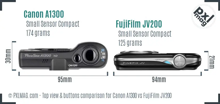 Canon A1300 vs FujiFilm JV200 top view buttons comparison