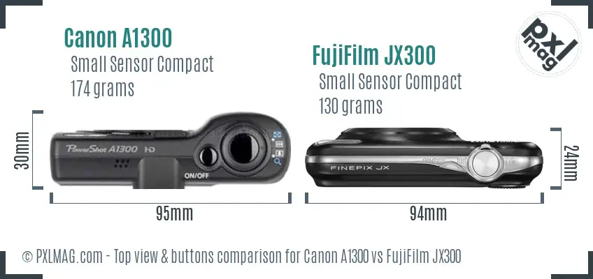 Canon A1300 vs FujiFilm JX300 top view buttons comparison Canon A1300 vs FujiFilm JX300 top view buttons comparison