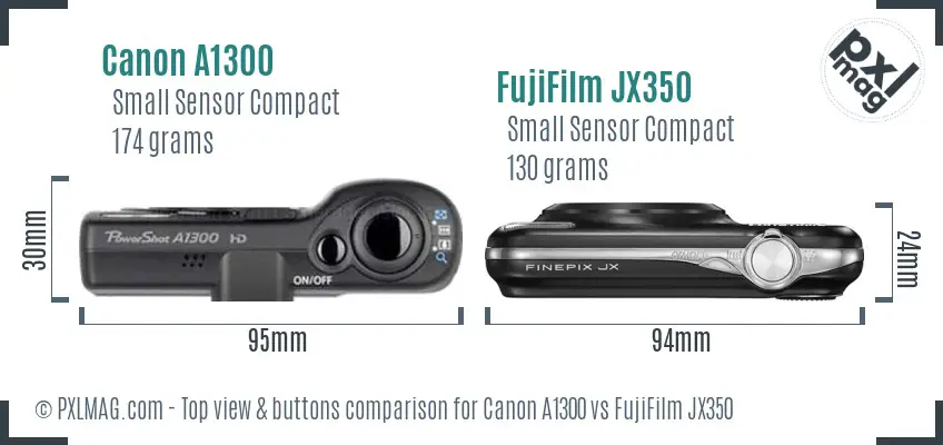Canon A1300 vs FujiFilm JX350 top view buttons comparison