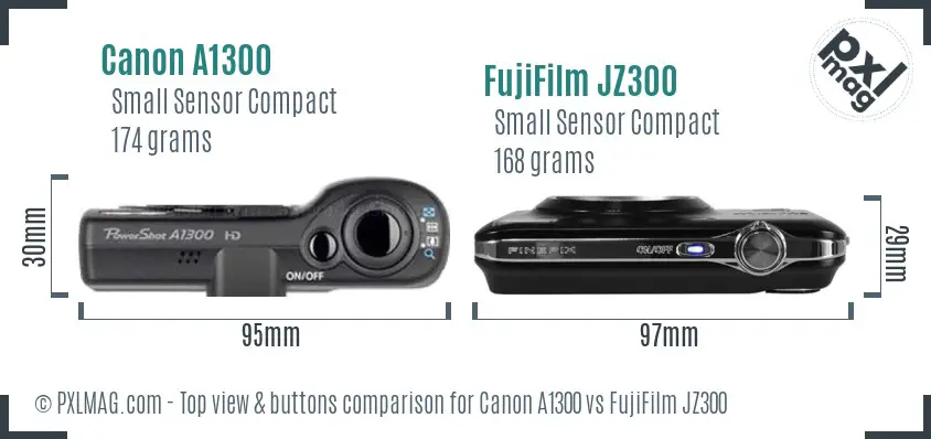 Canon A1300 vs FujiFilm JZ300 top view buttons comparison
