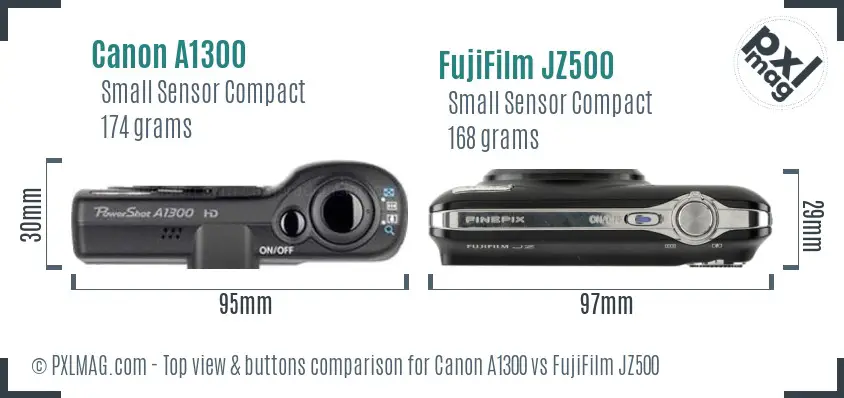 Canon A1300 vs FujiFilm JZ500 top view buttons comparison