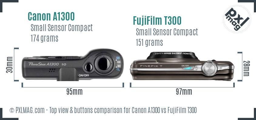 Canon A1300 vs FujiFilm T300 top view buttons comparison
