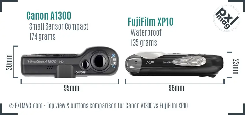 Canon A1300 vs FujiFilm XP10 top view buttons comparison