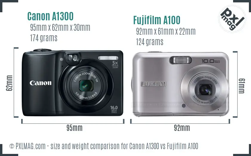 Canon A1300 vs Fujifilm A100 size comparison