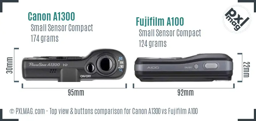 Canon A1300 vs Fujifilm A100 top view buttons comparison