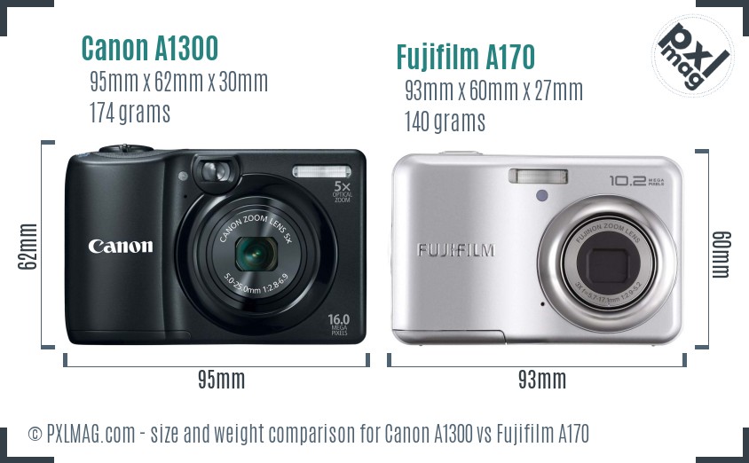 Canon A1300 vs Fujifilm A170 size comparison