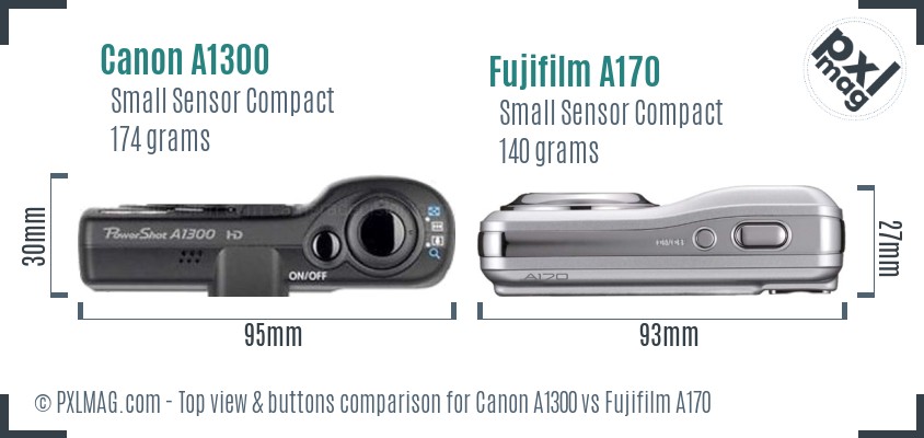 Canon A1300 vs Fujifilm A170 top view buttons comparison