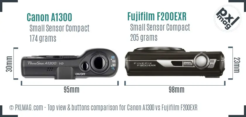 Canon A1300 vs Fujifilm F200EXR top view buttons comparison