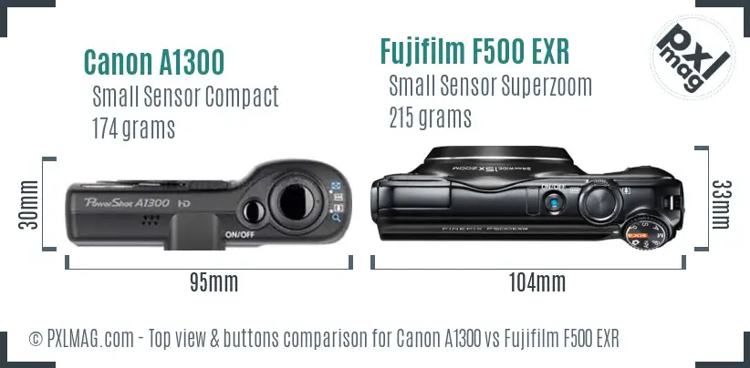 Canon A1300 vs Fujifilm F500 EXR top view buttons comparison Canon A1300 vs Fujifilm F500 EXR top view buttons comparison