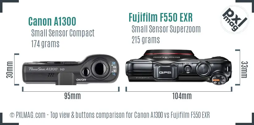 Canon A1300 vs Fujifilm F550 EXR top view buttons comparison Canon A1300 vs Fujifilm F550 EXR top view buttons comparison