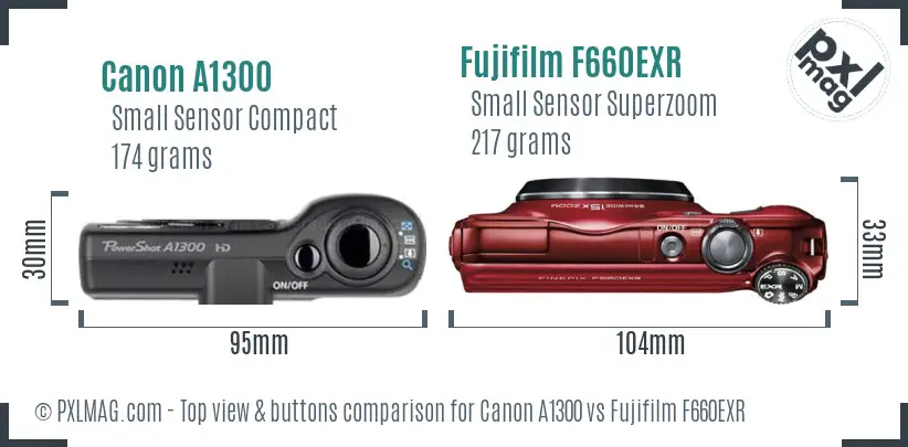 Canon A1300 vs Fujifilm F660EXR top view buttons comparison