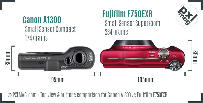 Canon A1300 vs Fujifilm F750EXR top view buttons comparison Canon A1300 vs Fujifilm F750EXR top view buttons comparison