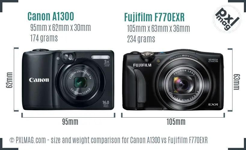 Canon A1300 vs Fujifilm F770EXR size comparison