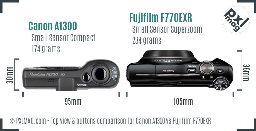 Canon A1300 vs Fujifilm F770EXR top view buttons comparison