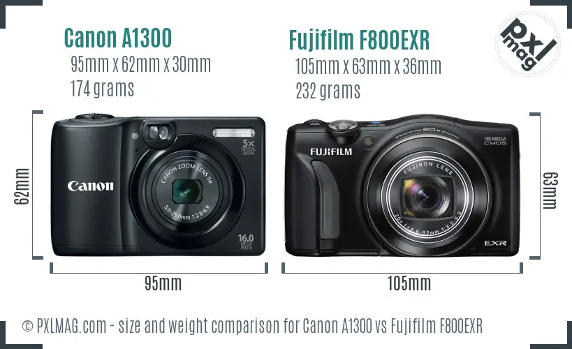 Canon A1300 vs Fujifilm F800EXR size comparison