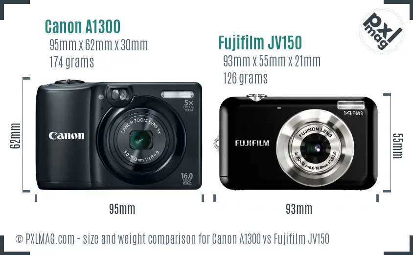 Canon A1300 vs Fujifilm JV150 size comparison