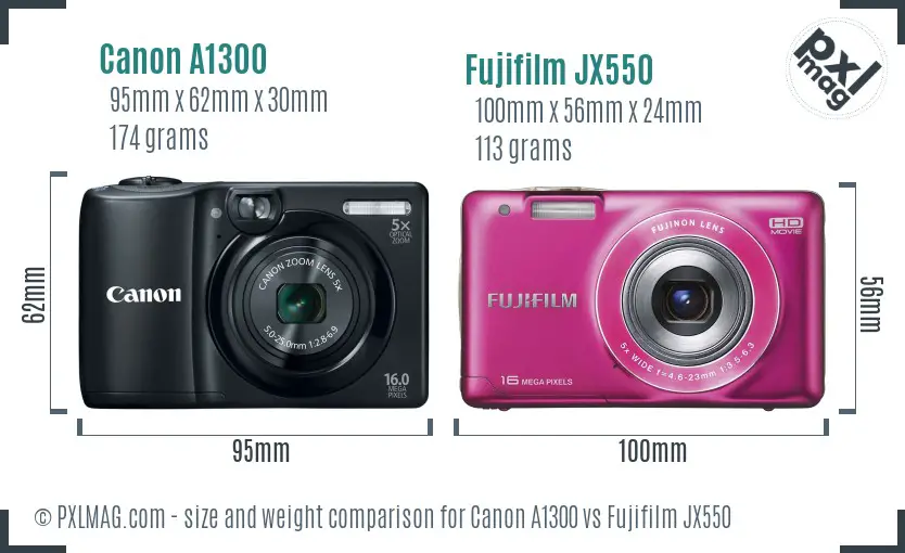 Canon A1300 vs Fujifilm JX550 size comparison