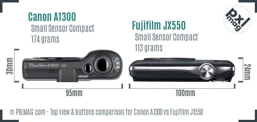 Canon A1300 vs Fujifilm JX550 top view buttons comparison