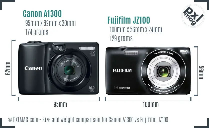 Canon A1300 vs Fujifilm JZ100 size comparison