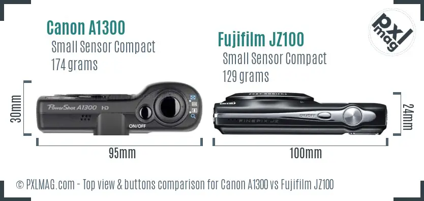 Canon A1300 vs Fujifilm JZ100 top view buttons comparison