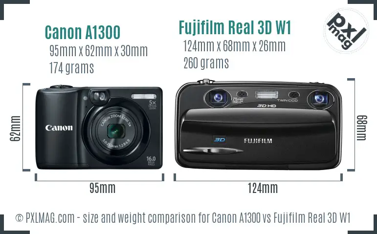 Canon A1300 vs Fujifilm Real 3D W1 size comparison