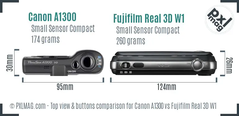 Canon A1300 vs Fujifilm Real 3D W1 top view buttons comparison