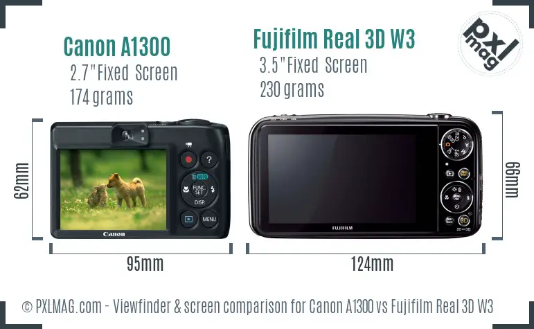 Canon A1300 vs Fujifilm Real 3D W3 Screen and Viewfinder comparison