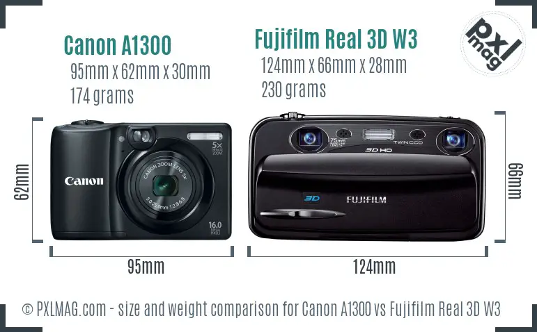Canon A1300 vs Fujifilm Real 3D W3 size comparison