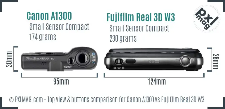 Canon A1300 vs Fujifilm Real 3D W3 top view buttons comparison