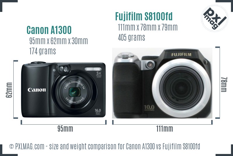 Canon A1300 vs Fujifilm S8100fd size comparison
