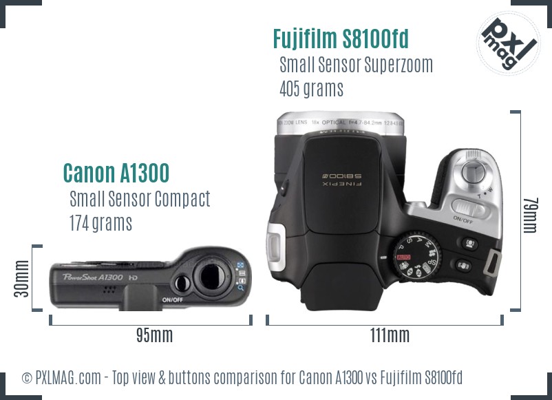Canon A1300 vs Fujifilm S8100fd top view buttons comparison