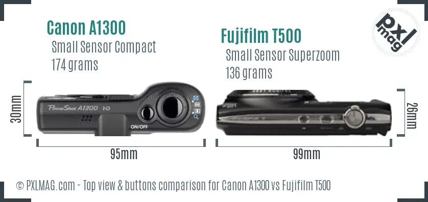 Canon A1300 vs Fujifilm T500 top view buttons comparison