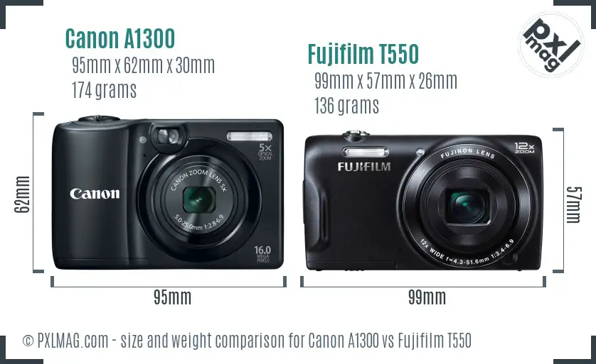 Canon A1300 vs Fujifilm T550 size comparison