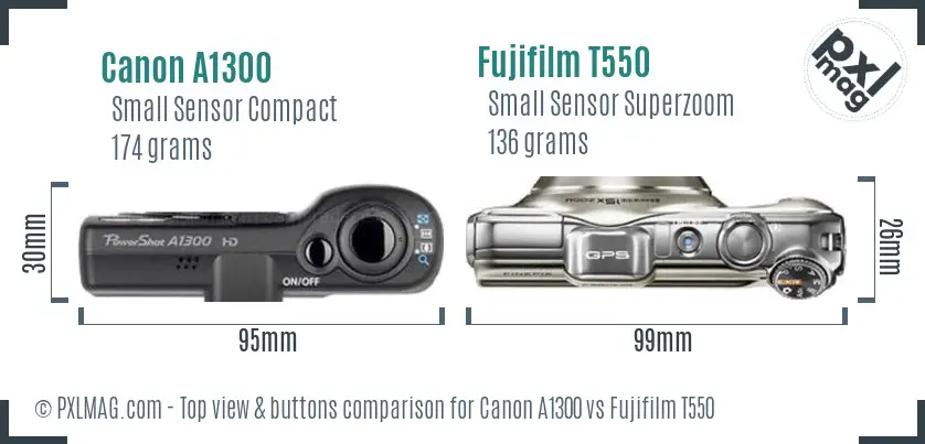 Canon A1300 vs Fujifilm T550 top view buttons comparison