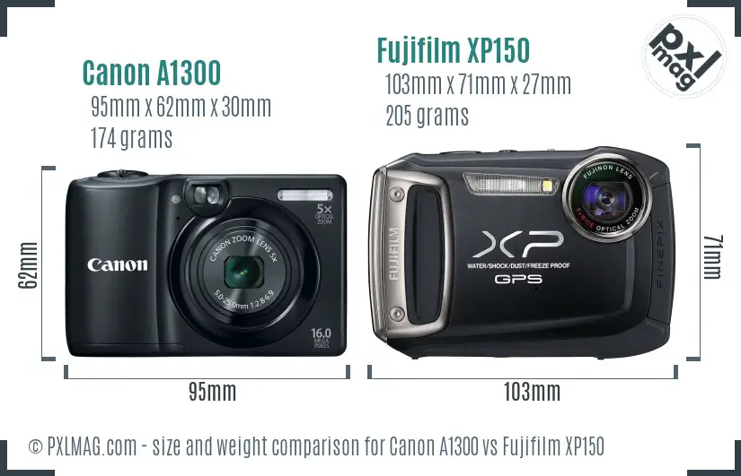Canon A1300 vs Fujifilm XP150 size comparison