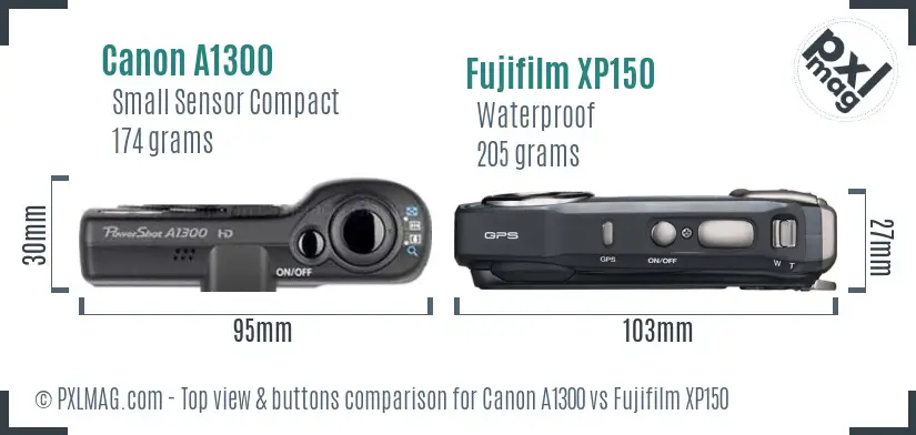 Canon A1300 vs Fujifilm XP150 top view buttons comparison